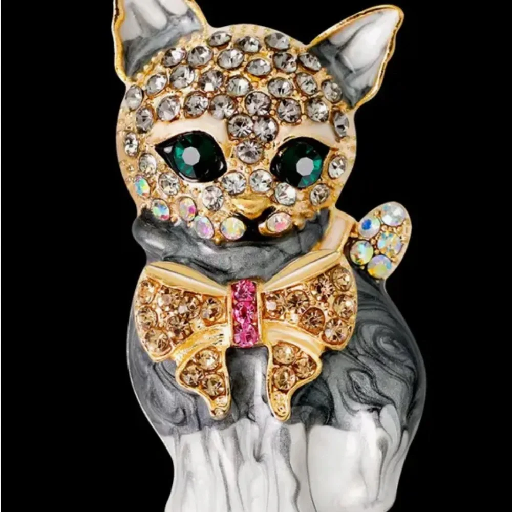 Gold and Black/Gray Cat Brooch with Sparkling Zirconias Details NWT